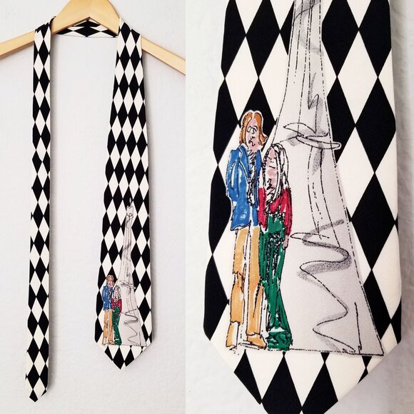 John Lennon Artwork Original 100% Silk John & Yoko Eiffel Tower Checker Neck Tie - Picture 1 of 13